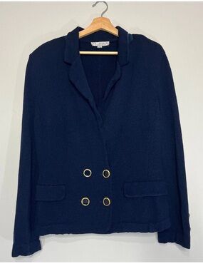 St. John Blazer Women 12 Flaw Blue Double Breasted Gold Button Old Money Santana